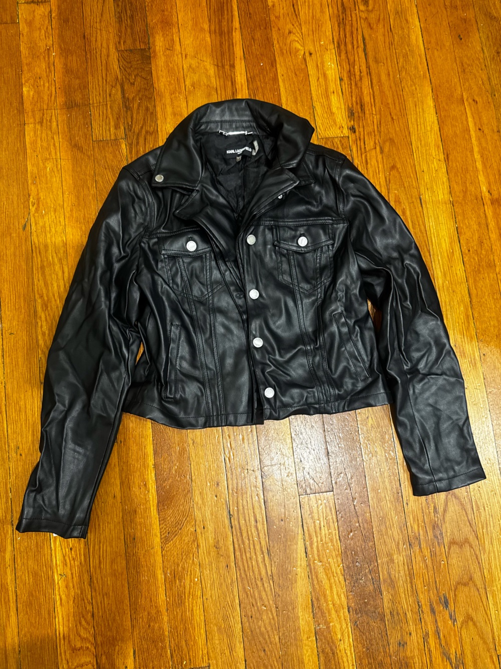 Karl Lagerfeld Black Faux Leather Bomber Jacket